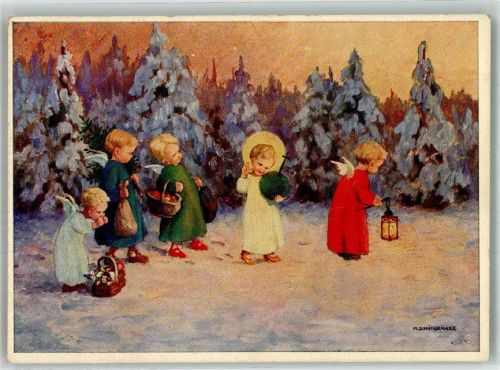 Kleine Engel im verschneiten Tannenwald Weihnachten Winter Verlag Josef Müller Nr. 4318