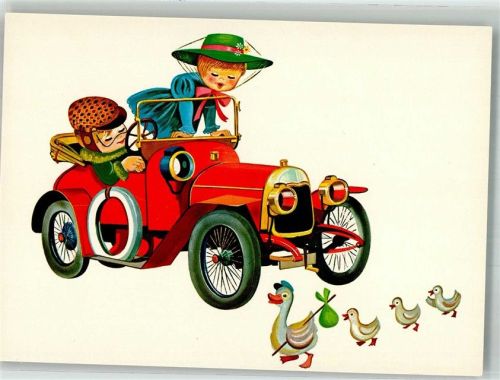 Enten auf Wanderschaft vor einem Automobil Tiere vermenschlicht