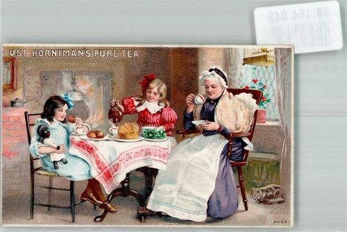 Großmutter mit Enkelinnen Katze und Puppe am gedeckten Tisch Informationskarte Werbung Horniman's pure Tea