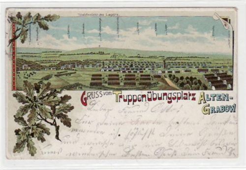 Lithographie vom Truppenübungsplatz Alten-Grabow Gesamtansicht gelaufen von 1905 kleiner Knick unten links, kleine Beschädigung unten links, leichter Stempeldurchdruck, sonst gut erhalten.