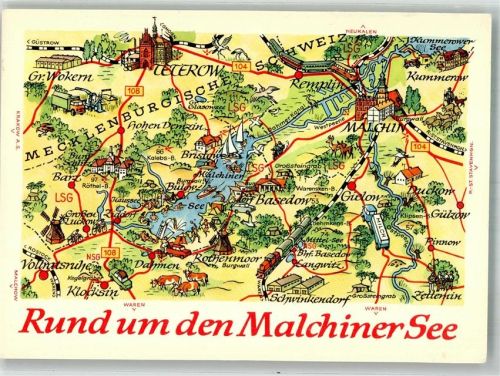 Basedow sign. Hoppe Stilisierte Landkarte des Malchiner Sees mit Sehenswürdigkeiten VEB Bild und Heimat