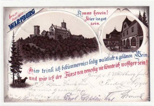Wartburg Gruß von der Wartburg bei Eisenach i. Thür. Wartburg Restauration gelaufen 1899. Oxydationsspuren an den Rändern, sonst gut erhalten.
