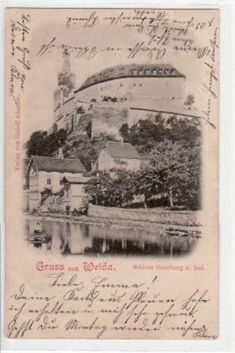 Gruß aus Weida i. Thür. mit Schloss Osterburg und Bad gelaufen von 1899. Ecken mit Albumabdrücken, kleiner Knick oben links und unten rechts, sonst gut erhalten.