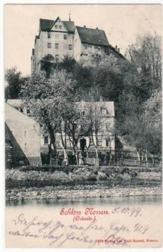 Nossen Nossen mit Schloss gelaufen von 1899, Marke entfernt kleiner Knick oben rechts, leichter Bug unten rechts, sonst gut erhalten.