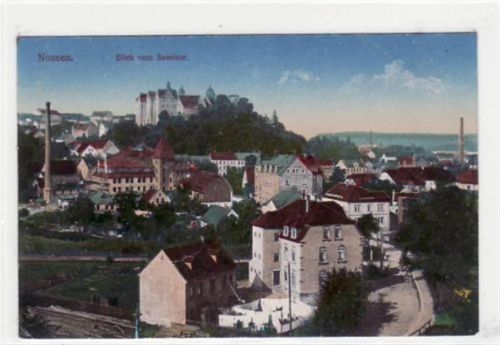 Nossen mit Blick vom Seminar gelaufen von 1918. Leicht abgerundete Ecke n, Rückseite leicht fleckig, sonst gut erhalten.