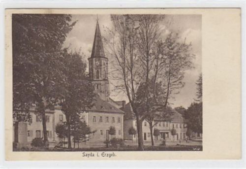Sayda im Erzgebirge. Teilansicht Kirche gelaufen am 28.02.1925. Leicht fleckig, sonst gut erhalten.