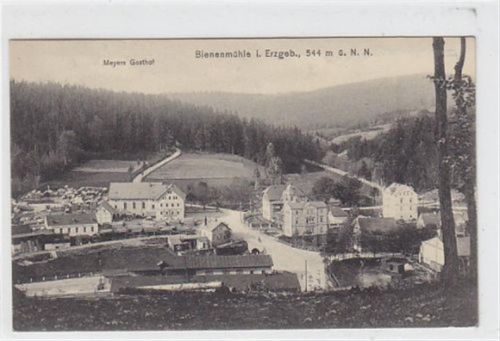 Rechenberg-Bienenmühle Rechenberg-Bienenmühle im Erzgebirge. Teilansicht mit Meyers Gasthof gelaufen am 19.06.1916. Leichter Bug oben rechts, sonst gut erhalten.