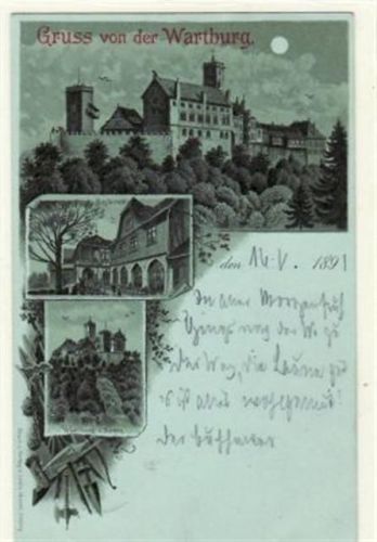 Wartburg Gruß von der Wartburg bei Eisenach i. Thür. Wartburg Hotel-Restaurant Wartburg von Süden gelaufen 1891. Top Erhaltung.