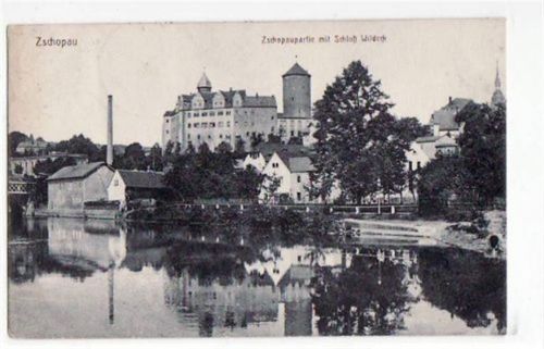 Zschopau Zschopau mit Zschopaupartie und Schloß Wildeck gelaufen von 1920. Leichter Stempeldurchdruck, Ecken mit Albumabdrücken, sonst gut erhalten