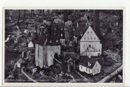 Oederan mit Klein Erzgebirge im Oederaner-Stadtwald. Schloß Scharfenstein gelaufen von ca. 1940 kleiner Knick unten rechts, sonst gut erhalten