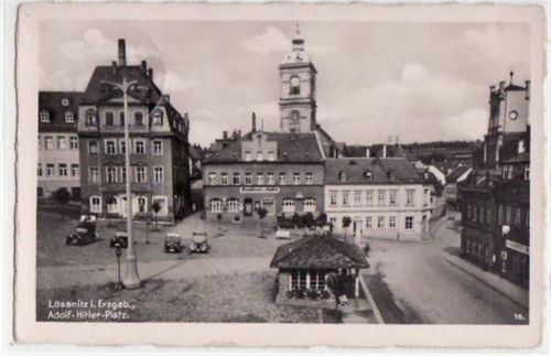 Lößnitz Lössnitz mit Adolf - Hitler - Platz gelaufen von 1938. Leichter Stempeldurchdruck, sonst gut erhalten WK II