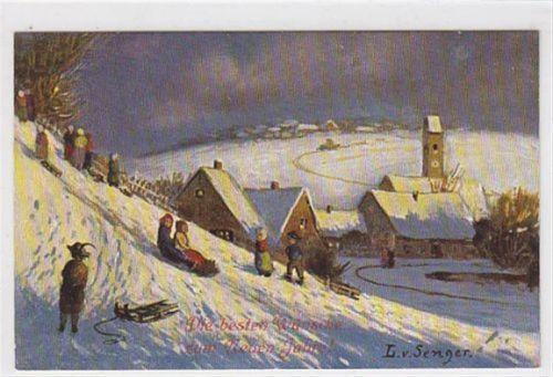 Fürstenfeldbruck Künstlerkarte Fürstenfeldbrucker Künstlerkolonie. Künstler L. v. Senger. Winterlandschaft mit Häusern Kirche und Kinder beim Rodeln vermutlich bei Fürstenfeldbruck. Neujahrskarte. Ungelaufen. Gute Erhaltung.