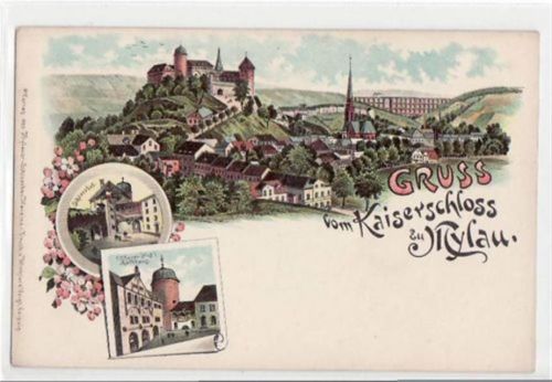 Mylau, Lithographie mit Kaiserschloss. ungelaufen um 1900 Gute Erhaltung.
