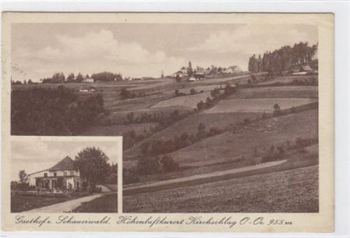 Kirchschlag bei Linz. Totalansicht Gasthof zum Schauerwald gelaufen am 23.08.1929. Leichter Bug oben und unten rechts, leichte Abschürfungen am linken Rand in der Mitte und am Eck unten, sonst gut erhalten. PLZ 4202.
