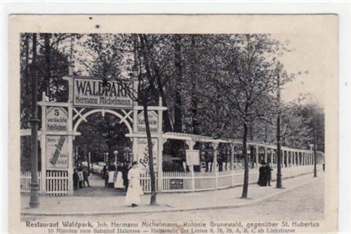Berlin Wilmersdorf, Grunewald mit Restaurant Waldpark gelaufen von 1914. Leicht bügig, leicht fleckig, sonst gut erhalten