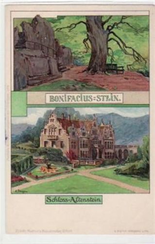Künstlerkarte mit Schloss Altenstein und Bonifacius - Stein. ungelaufen frühe Karte, da Anschriftsseite noch ungeteilt. Ecken mit Albumabdrücken, sonst gut erhalten.