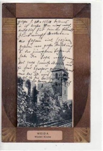 Rahmenkarte von Weida i. Thür. mit Wieden Kirche gelaufen, Marke entfernt kleiner Knick oben links, leicht bügig, leicht fleckig, sonst gut erhalten.