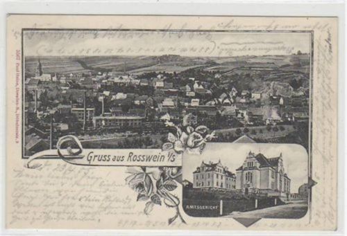 Roßwein mit Gesamtansicht und Amtsgericht gelaufen von 1905. Gute Erhaltung.