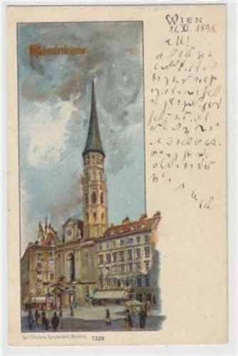 Lithographie Wien. Michaelerkirche gelaufen am 21.11.1898. Gute Erhaltung.