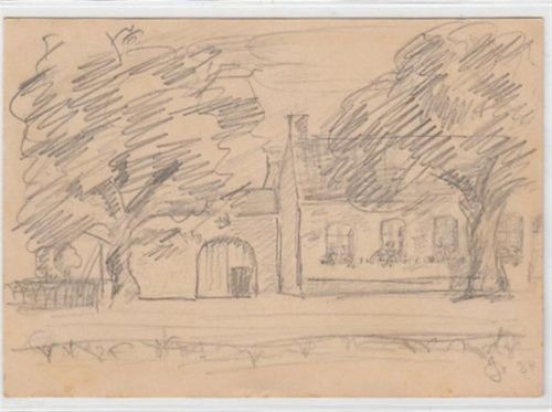 Ohe bei Wassenberg. Original Zeichnung. ein Einfamilienhaus gelaufen, 1934. leicht stockfleckig, kleine Beschädigungen am Rand unten, sonst gut erhalten