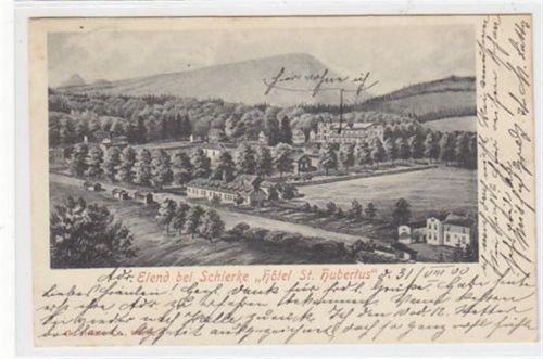 Elend Elend bei Schierke. " Hotel St. Hubertus " gelaufen, 1900. Ecken mit Albumabdrücken, leicht fleckig, sonst gut erhalten