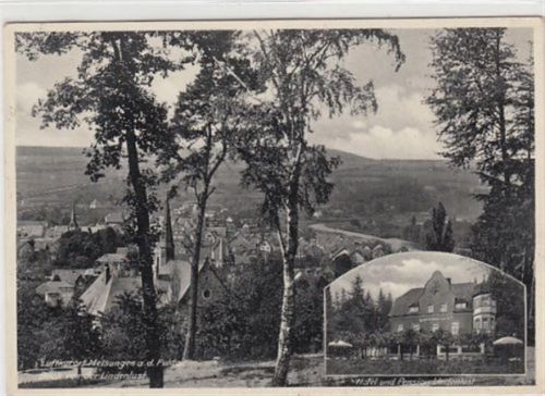 Melsungen an der Fulda mit Totale und Hotel und Pension Lindenlust gelaufen, mit Marke und Bahnpoststempel von 1940 kleiner Knick oben links, sonst gut erhalten