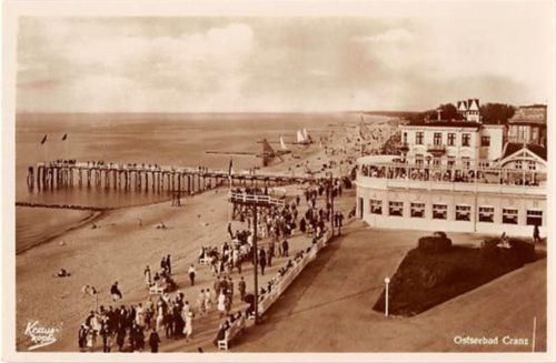 Ostseebad Cranz / Selenogradsk - Kreis Fischhausen / Primorsk. Belebter Strand mit Seesteg und Gebäude mit Terrasse ungelaufen Top Erhaltung.