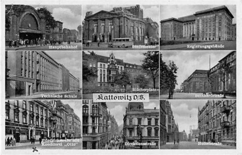 Kattowitz Kattowitz / Katowice in Oberschlesien mit Hauptbahnhof, Stadttheater, Regierungsgebäude, Technische Schule, Blücherplatz, Bernhardstraße, Friedrichstraße mit Konditorei Otto, Direktionsgebäude und Holteistraße. Feldpost Gute Erhaltung.