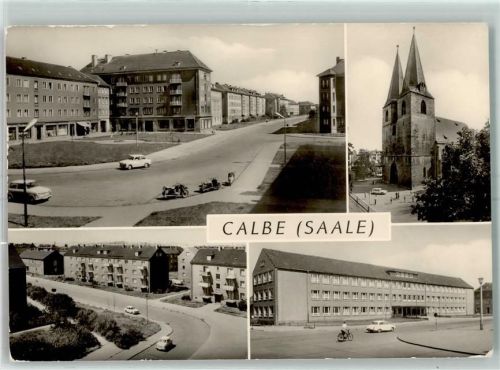 39240 O3310 Calbe - Wilhelm-Pieck-Straße Stephanskirche Wilhelm-Pieck-Oberschule Oldtimer Fahrradfahrer Motorrad