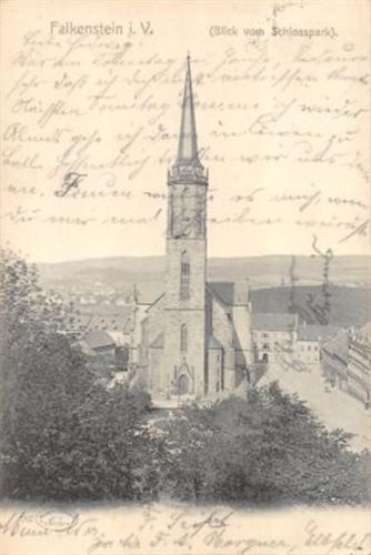 Falkenstein Falkenstein im Vogtland mit Blick vom Schlosspark auf die Kirche gelaufen 1904 kleiner Knick an der rechten unteren Ecke Leichte Stempelspuren, sonst gut erhalten