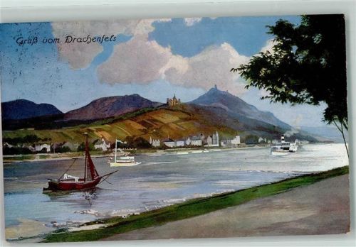 Drachenfels Rhein Dampfer Fischerboot Bahnpoststempel