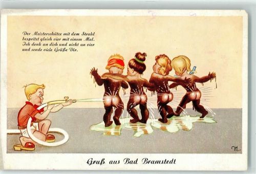 W2357 Bad Bramstedt Kinder kalter Wasserstrahl AK Moorbad Künstlerkarte
