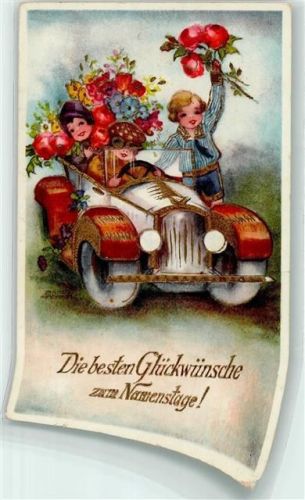 Namenstag Kinder mit Blumen im Auto HWB Serie 2632 Glückwunsch Auto 1932 Gebrauchsspuren