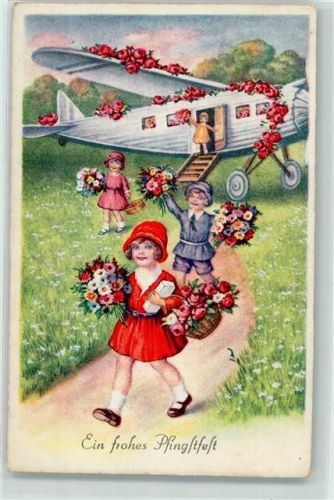 1940 Pfingsten Kinder mit Blumen , Flugzeug mit Rosen geschmückt AK