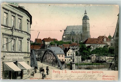 Penig 1907 Muldenbrücke Stadtkirche Dampf-Chocoladen-Fabrik Richard Selbmann