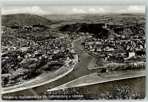 56112 W5427 Oberlahnstein Foto AK Niederlahnstein Brücke Lahneck Lahnmündung