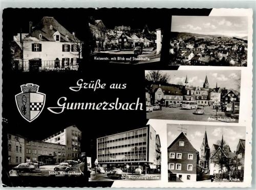 Gummersbach Vogtelhaus Burg Kaiserstraße mit Blick auf Stadthalle Alter Marktplatz Ev. Kirche städt. Krankenhaus Wappen Auto Omnibus