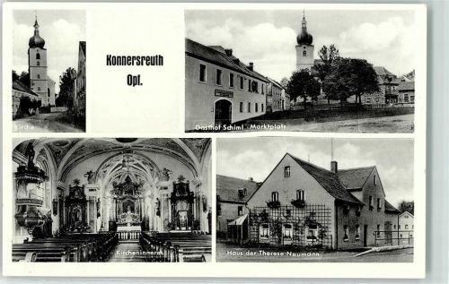 95692 W8591 Konnersreuth , Oberpf Foto AK Haus der Therese Neumann Gasthaus Schiml Marktplatz Kirche Inneres