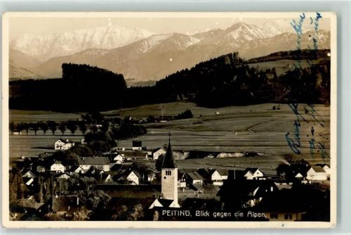 Peiting Blick gegen die Alpen Kirche WK II Stempel Wettersteingebirge