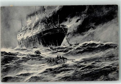 1915 Torpedierter enlischer Handelsdampfer wird von der Mannschaft verlassen Ruderboot Wohlfahrtskarte