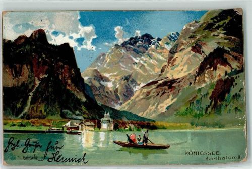 St. Bartholomä 1905 Königsee Alpenmasiv Ruderboot sign. Heinisch