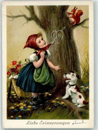 Poesie / Liebe Herz im Baum eingertitzt, Kind und Hund Eichhörnchen 1956 Künstlerkarte
