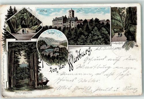 Wartburg 1898 Wartburg Annathal Mariental Blick v.d. hohen Sonne Hirsch Drachenschlucht Lithographie