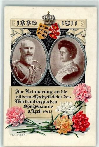 1911 Erinnerungskarte Silberhochzeit des Württembergischen Königspaares Wappen Krone