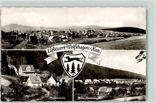 38685 W3394 Wolfshagen im Harz Foto AK Heimschule Wappen