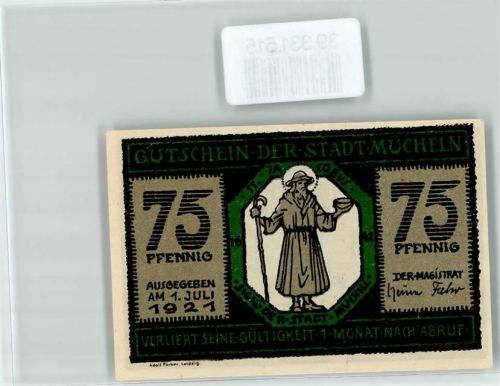 Mücheln Notgeld Gutschein 75 Pfennig 12 Apostelquellen