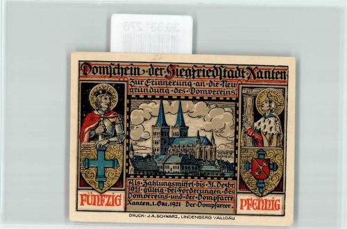 Xanten Notgeld 50 Pfennig Dom Siegfriedstadt Wappen Kreuz Drachenkampf