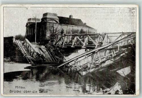 Mitau 1917 zerstörte Brücke über die Drixe