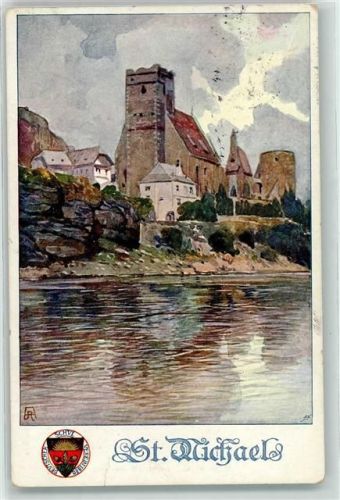 Sankt Michael 1913 sign. Wappen Deutscher Schul Verein Kirche Turm