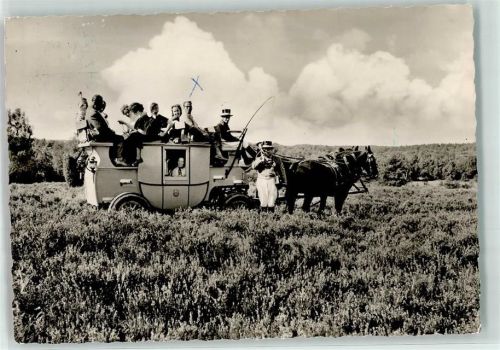 21274 W2111 Undeloh Foto AK Postkutsche Naturschutpark Lüneburger Heide Abfahrt Hanstedt Wilsede Pferd Mann Hut